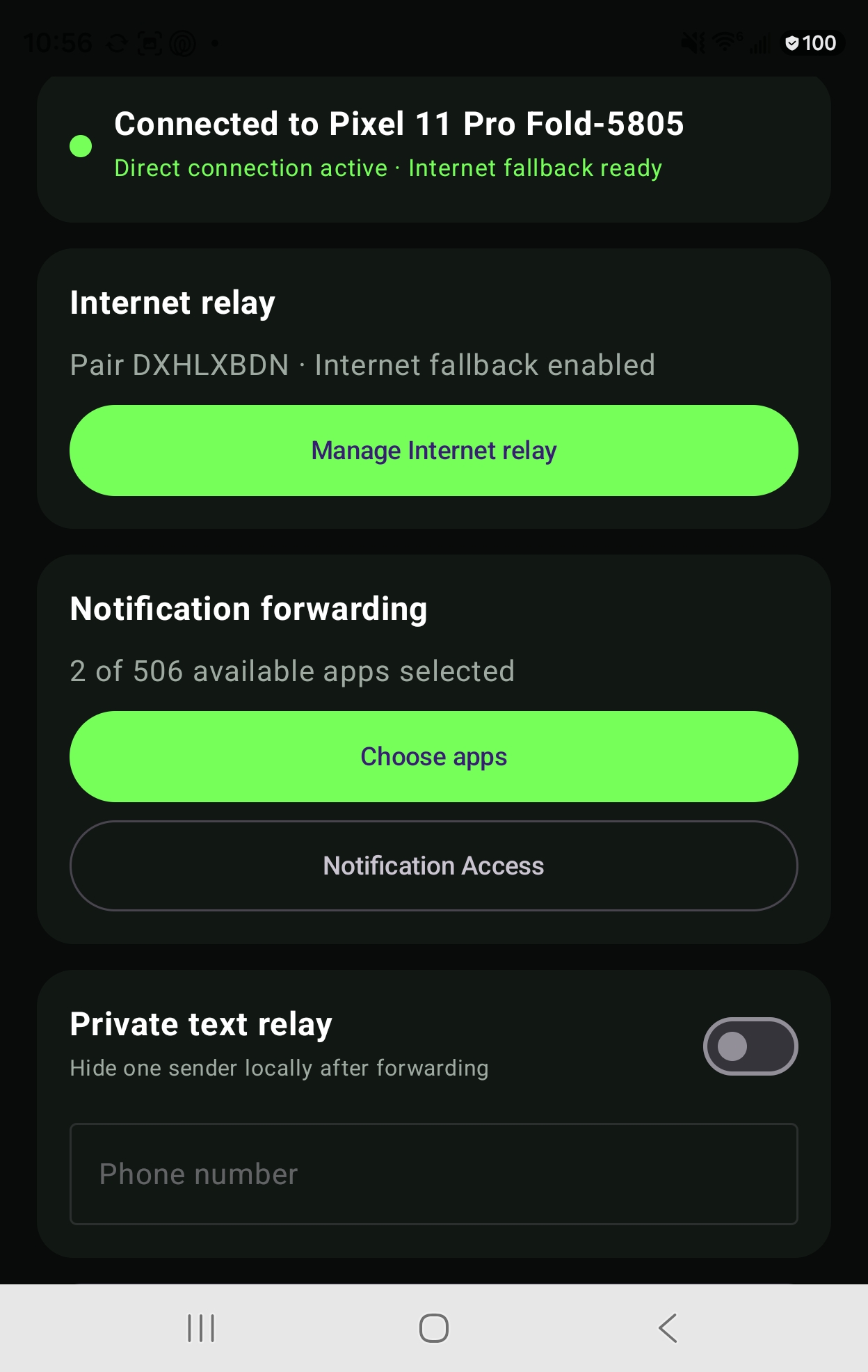 Connected device and relay status screen