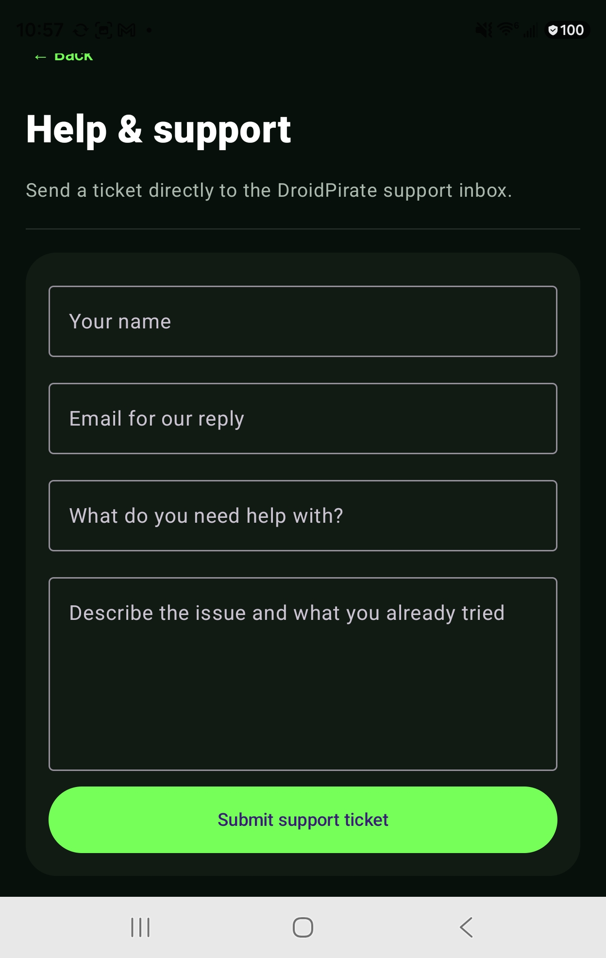 DroidPirate Forward help and support screen