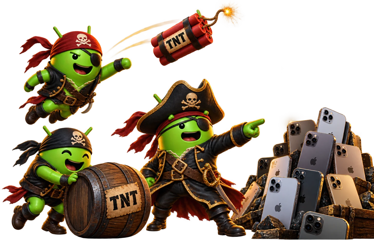 Three DroidPirates tossing TNT toward a cartoon pile of iPhones