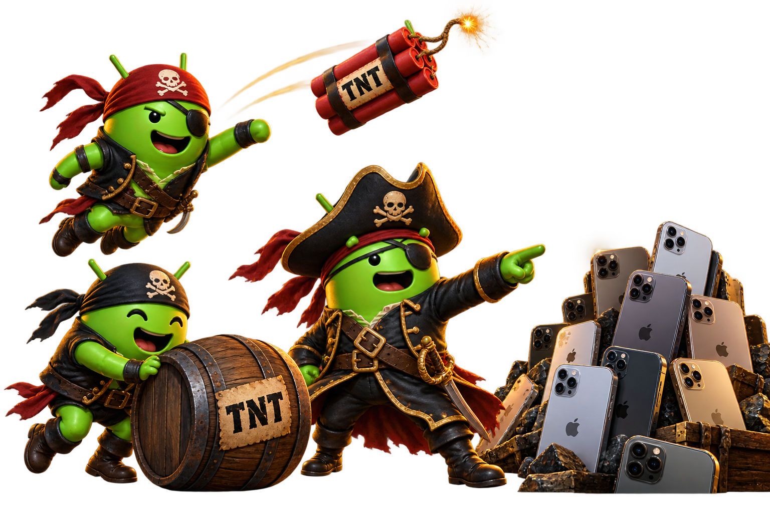 Three DroidPirates tossing TNT toward a cartoon pile of iPhones