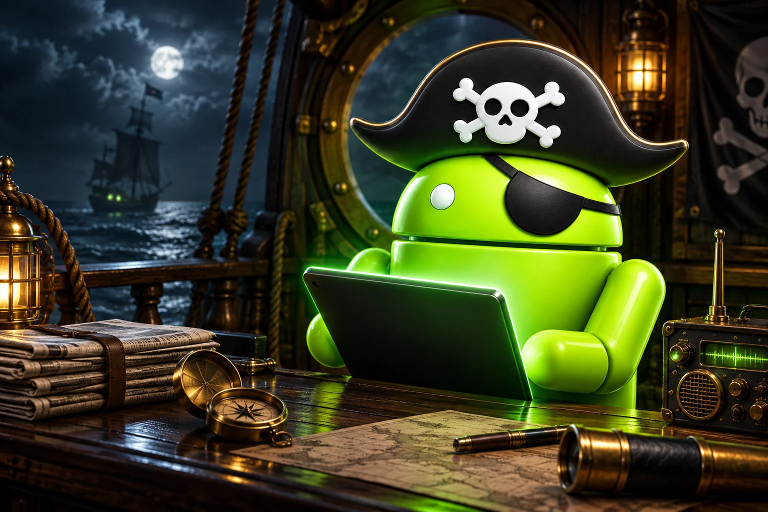DroidPirate’s green Android pirate gathering news at a shipboard desk
