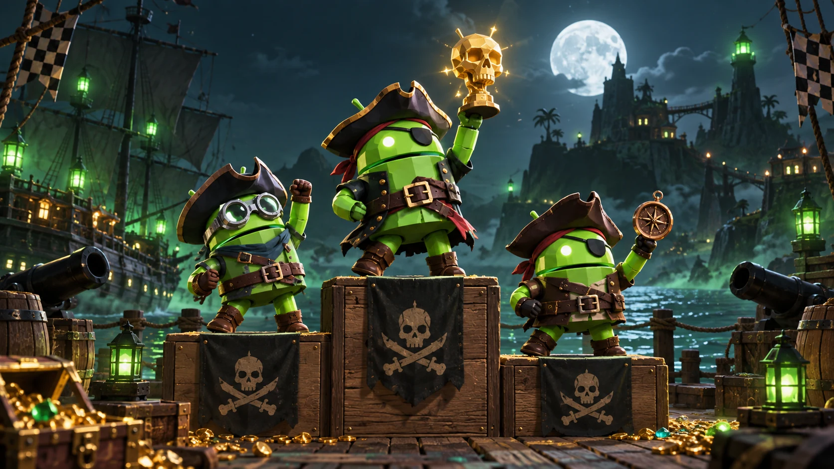 Three DroidPirates on a winners podium, with the champion holding a golden skull trophy