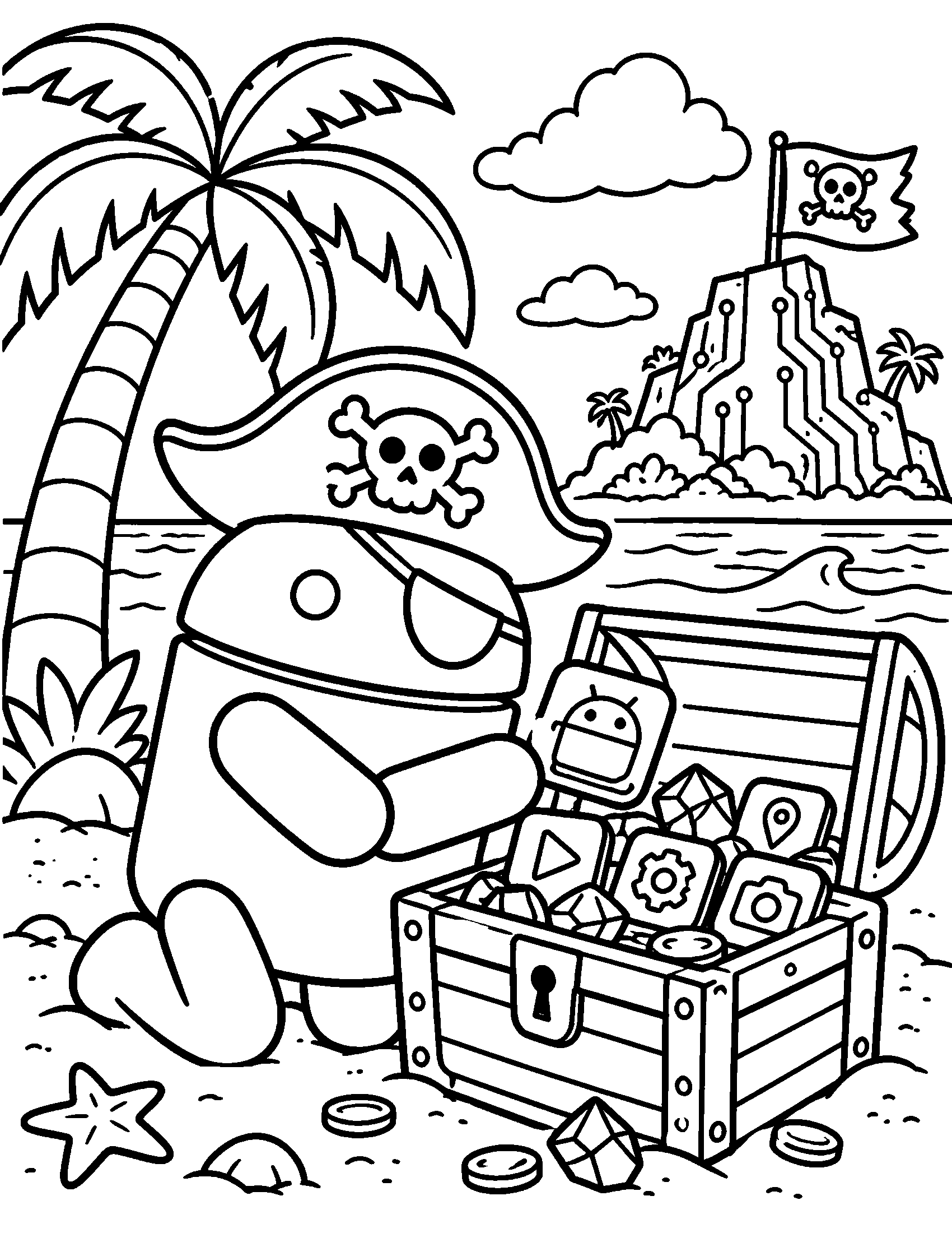 DroidPirate mascot discovering a treasure chest on circuit island
