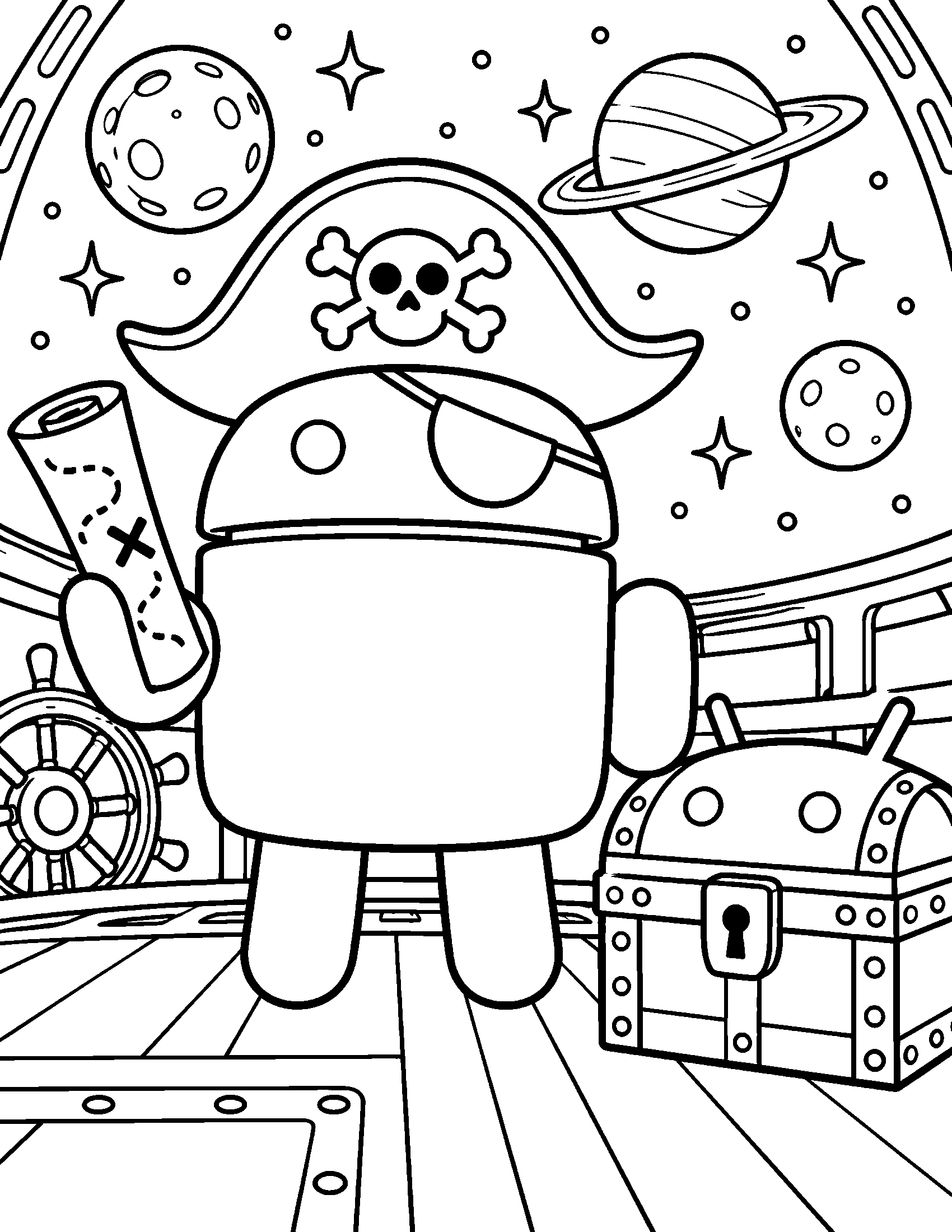DroidPirate mascot with a treasure map on a spaceship deck