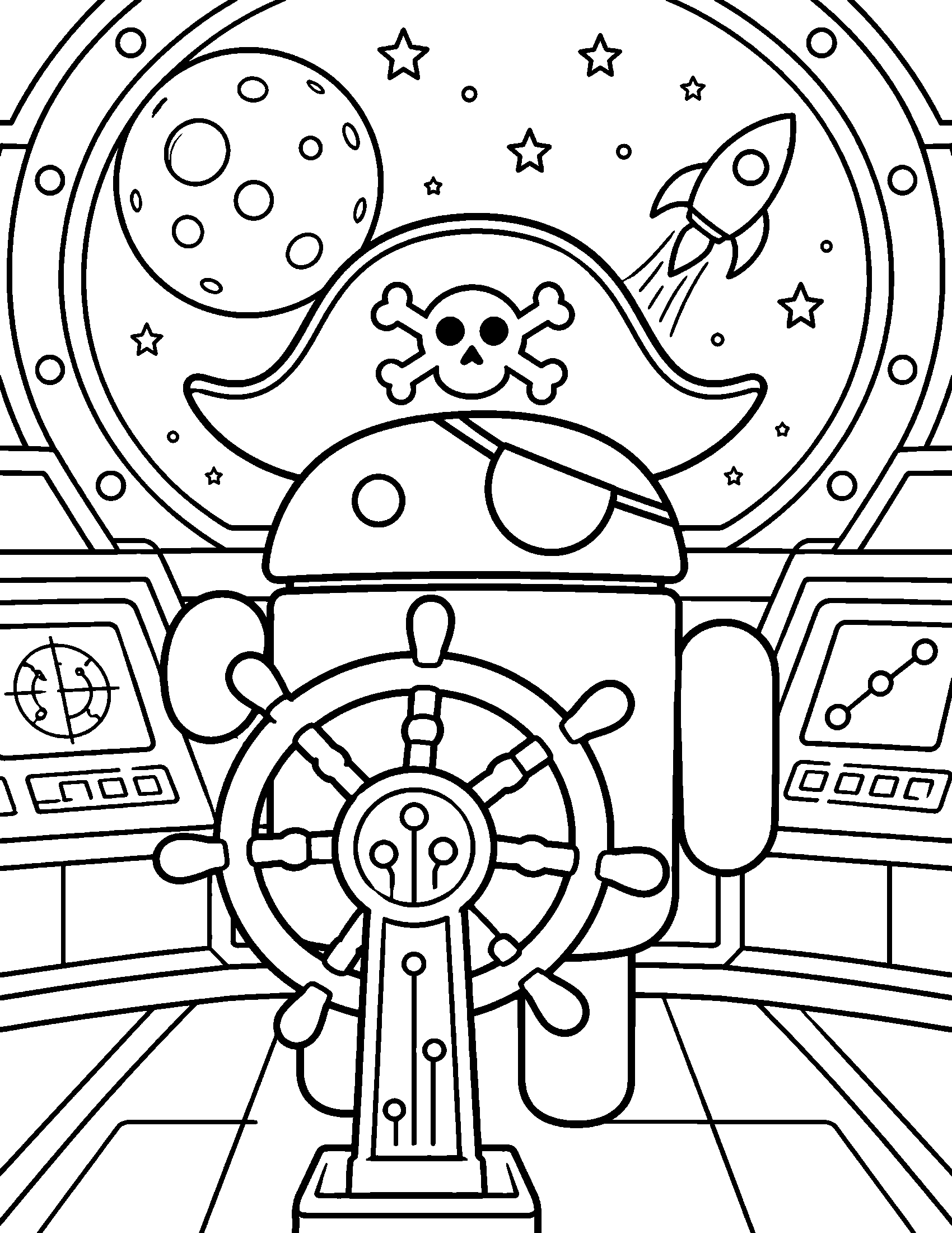 DroidPirate mascot steering a futuristic pirate starship