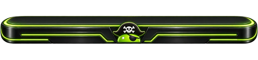 Pirate Command dock with green illuminated edges and the DroidPirate mascot