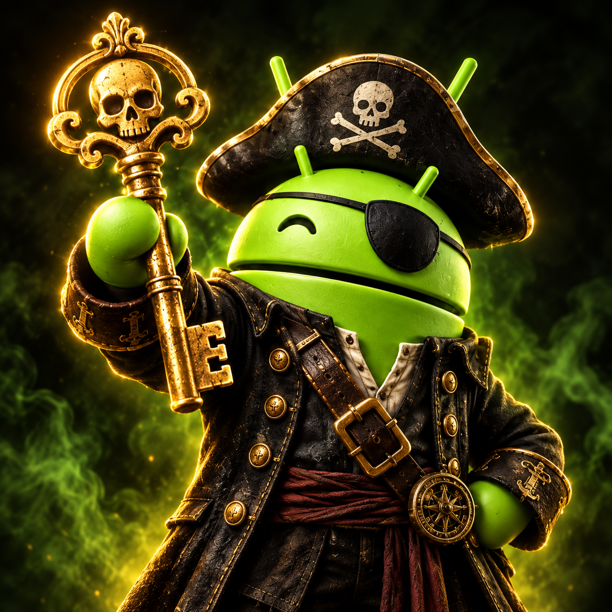 DroidPirate captain holding the golden skeleton key to the prize chest