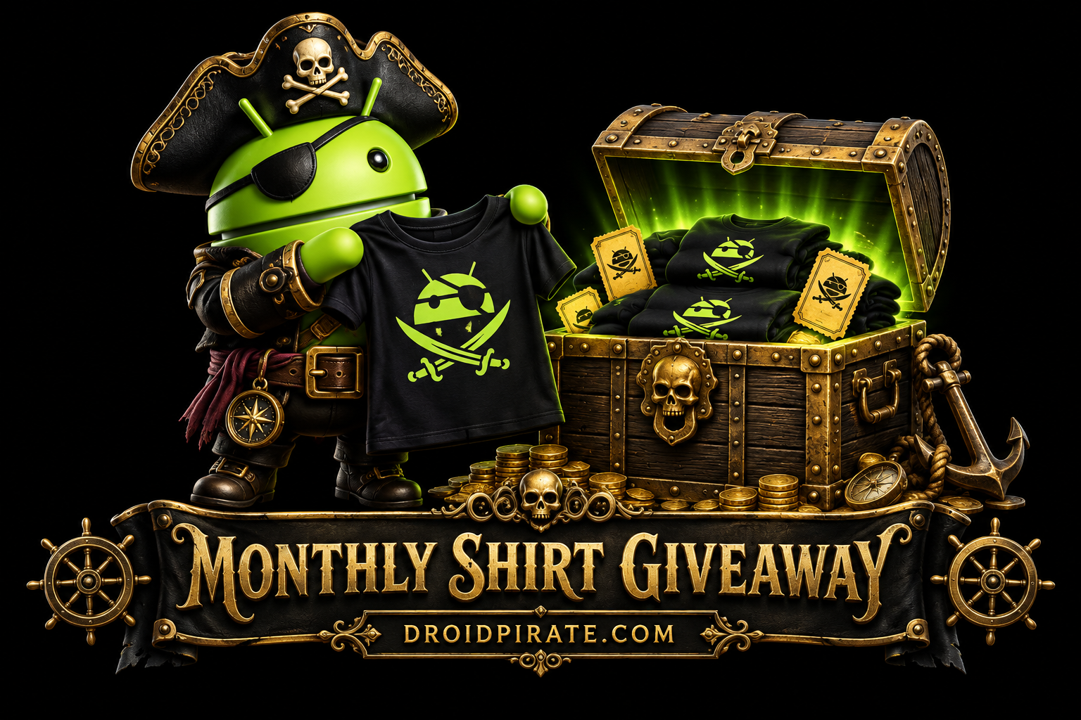 DroidPirate captain holding a shirt beside a glowing treasure chest — Monthly Shirt Giveaway