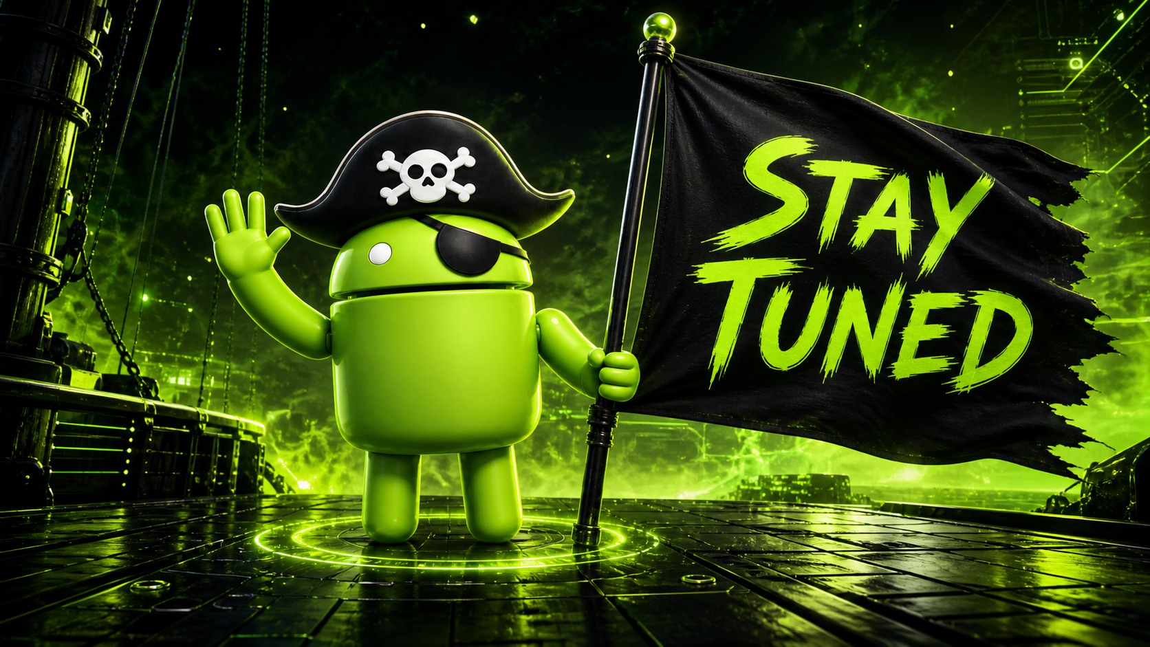 DroidPirate Android pirate holding a Stay Tuned flag