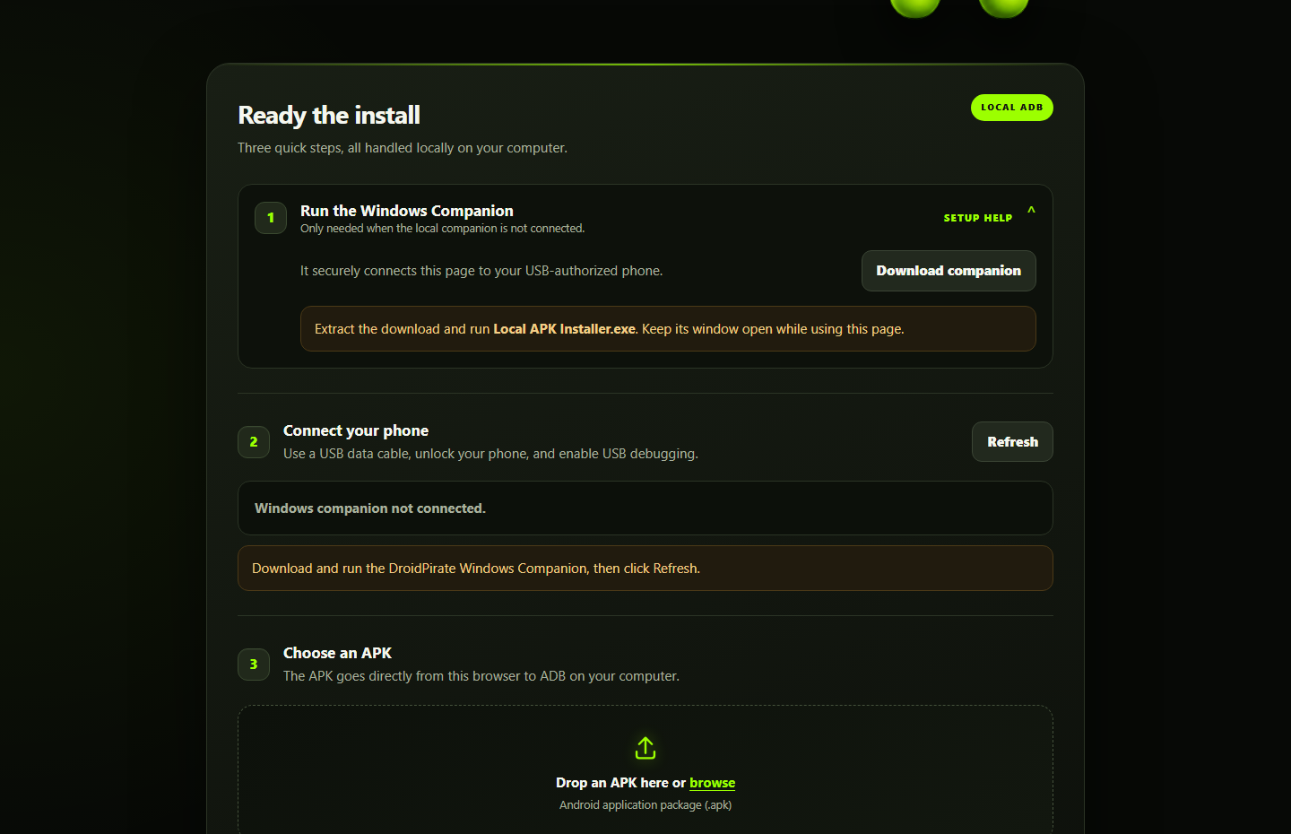 DroidPirate InstallAPK guided setup showing the Windows companion, USB authorization, and APK selection steps