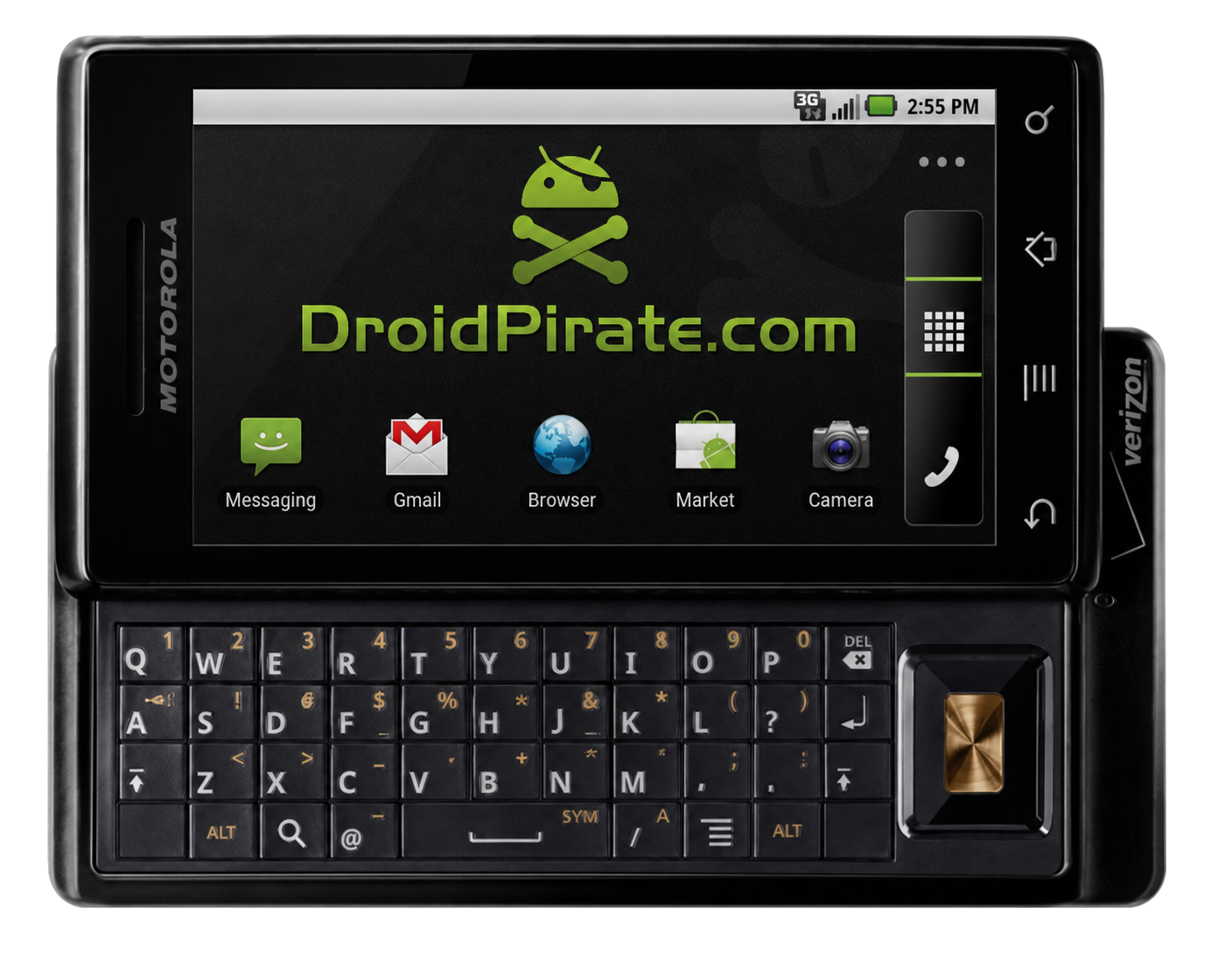 Motorola Droid 1 A855 displaying a DroidPirate.com home screen