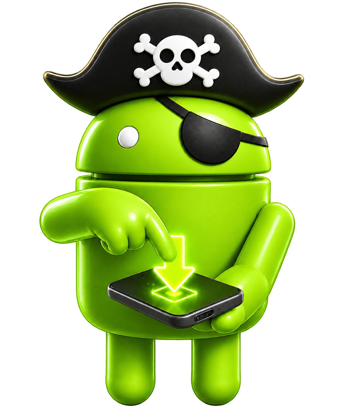 DroidPirate mascot installing an app onto a phone