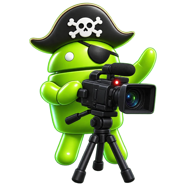 The DroidPirate mascot filming a short with a shoulder-mount video camera on a tripod