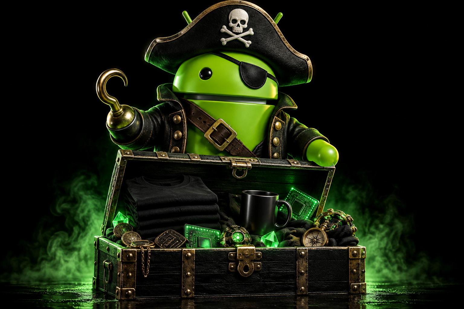 DroidPirate quartermaster guarding a treasure chest of crew gear