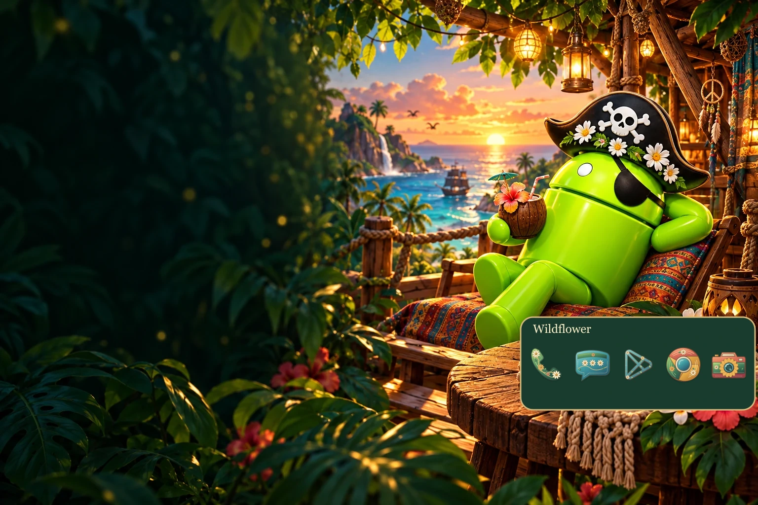 The app’s Hippie Hideaway world with DroidPirate among flowers and trees