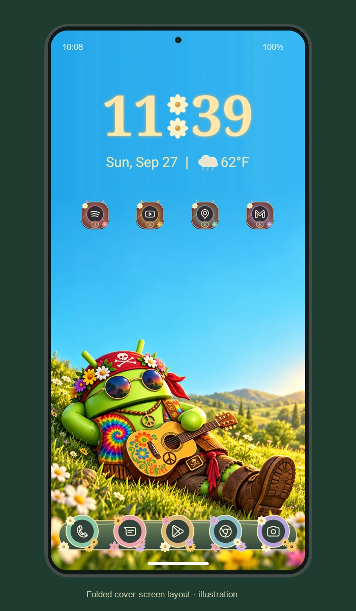 Illustrated folded-phone preview of the Hippie Hideaway theme