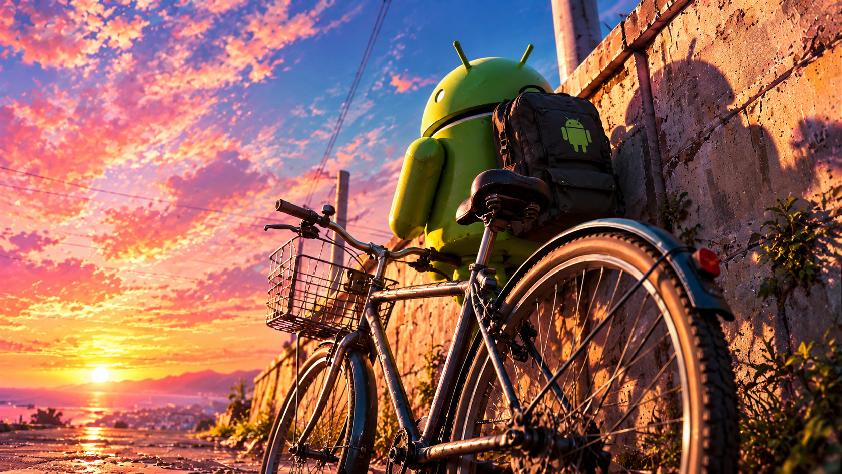 Android and Bicycle at Sunset