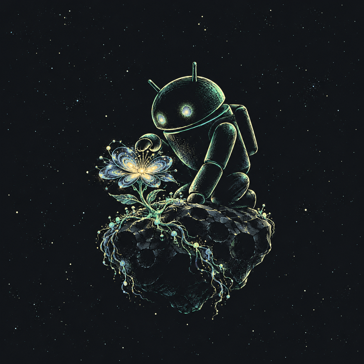 Android Asteroid Garden — Luminous Cosmos