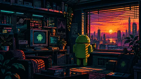 Android at Sunset in a Neon Tech Loft Wallpaper #1508