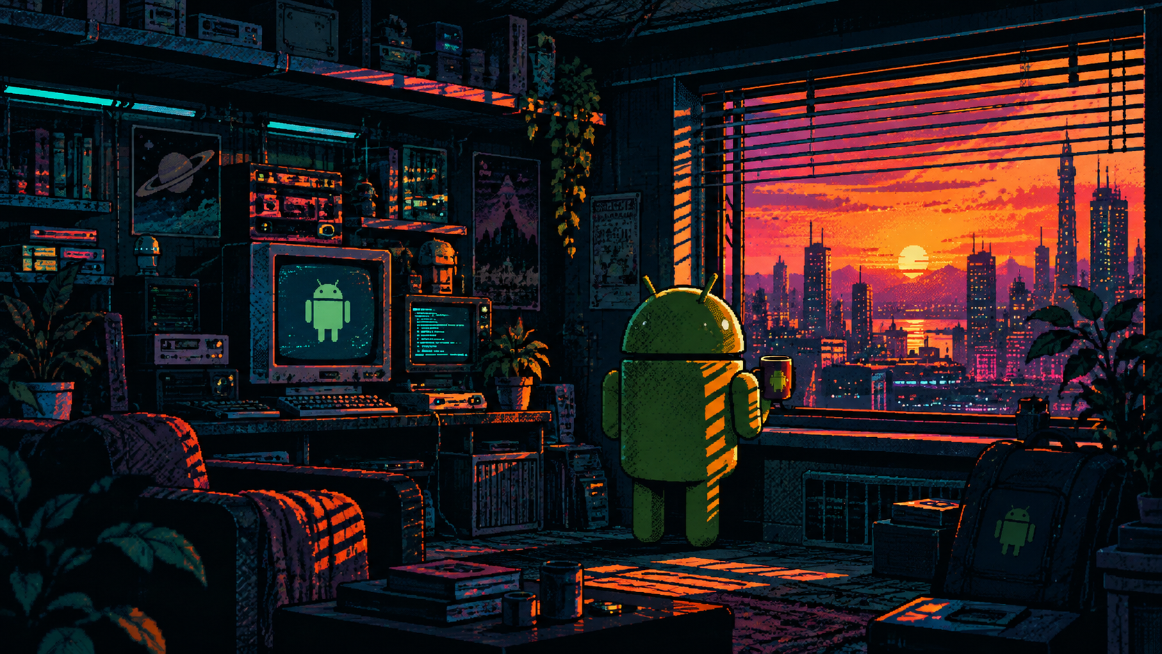 Android at Sunset in a Neon Tech Loft