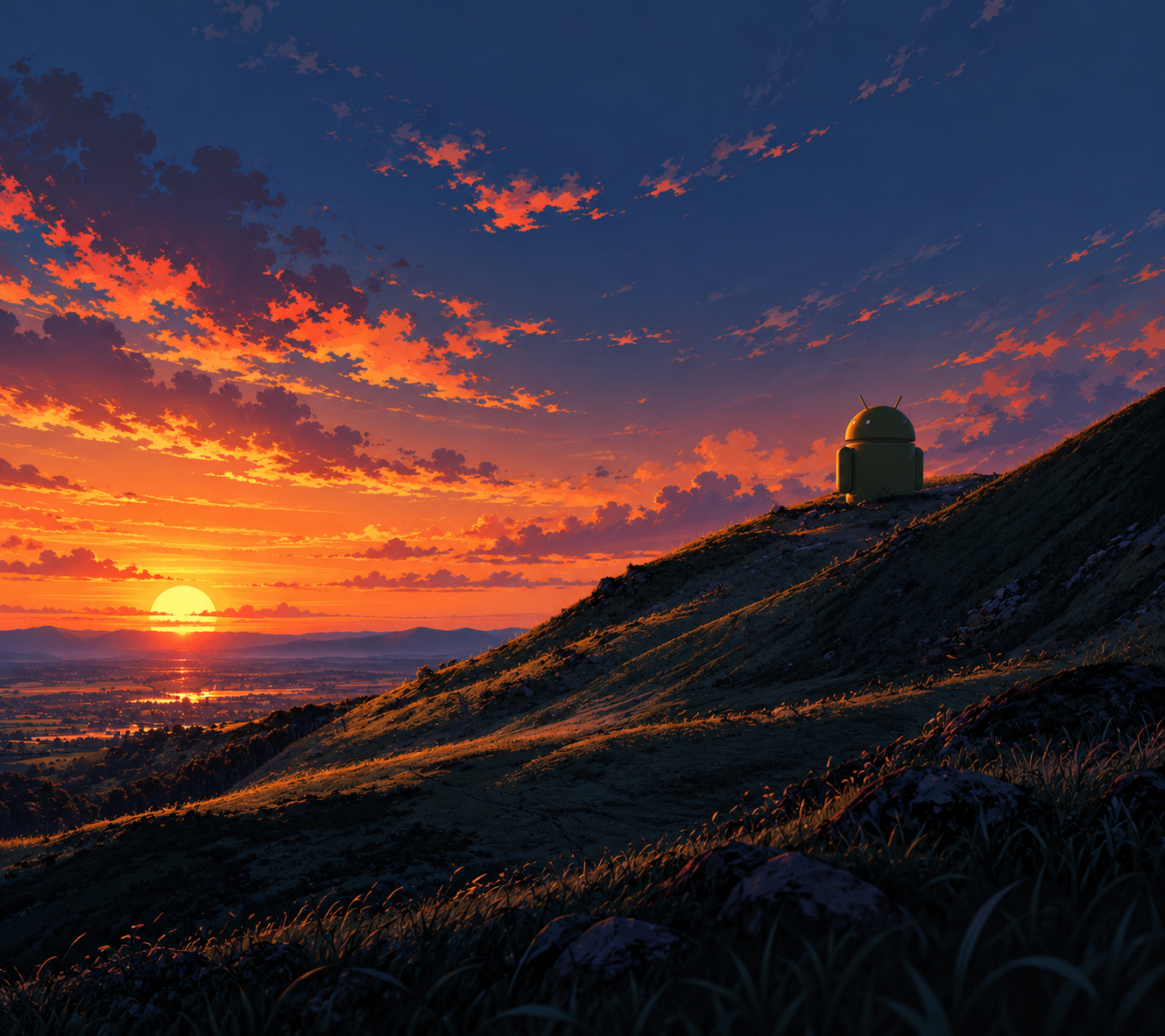 Android at Sunset Over Rolling Hills