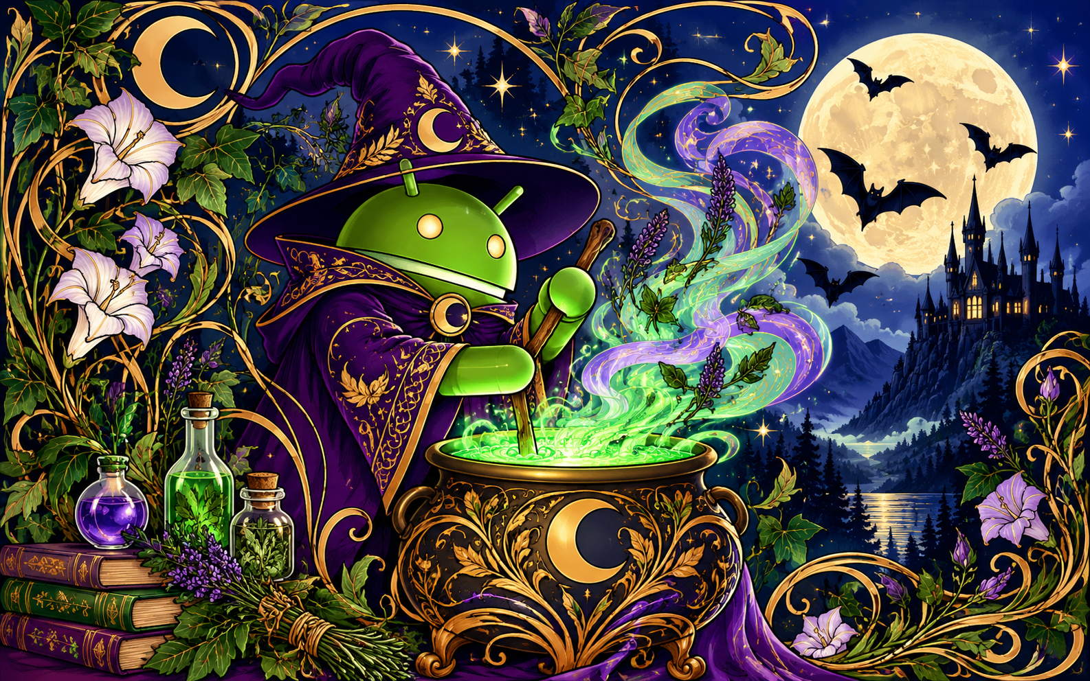 Android Botanical Sorcerer — Moonlit Cauldron