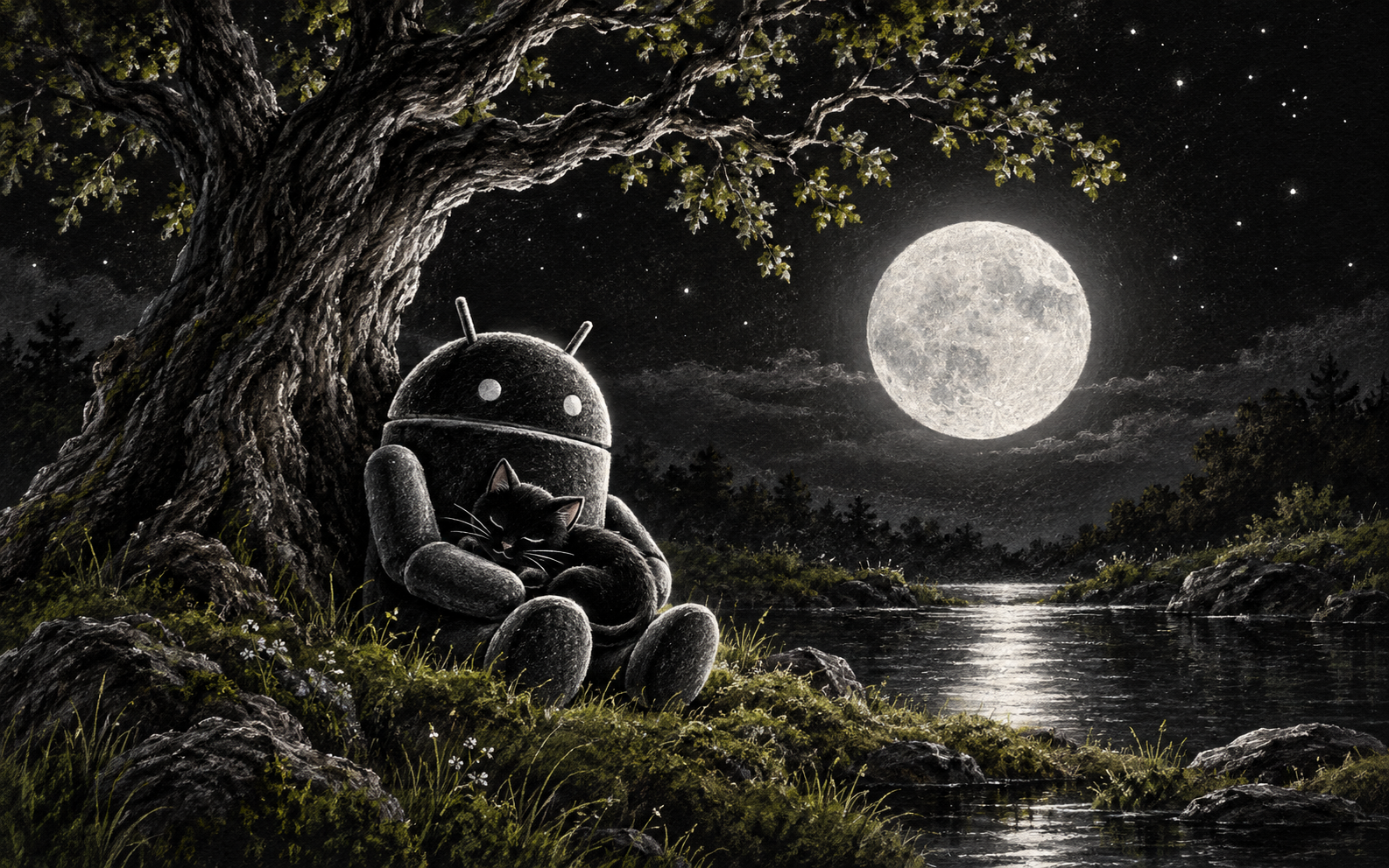 Android Charcoal Pond — Moonlit Cat