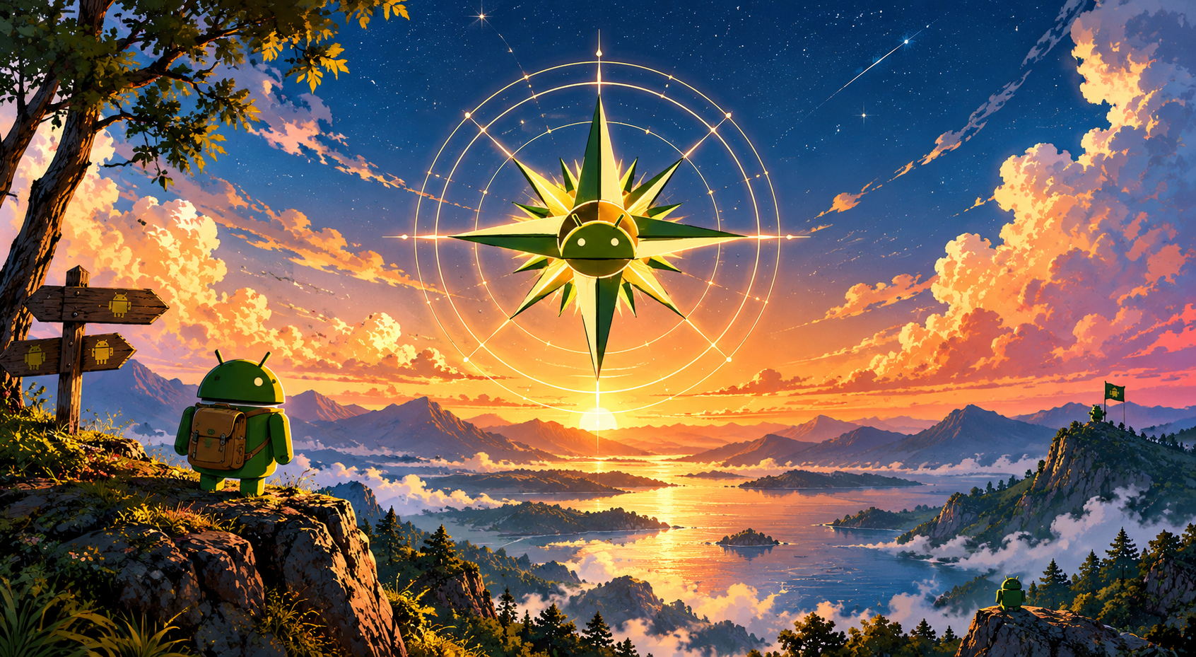 Android Compass Over a Dreamy Mountain Lake