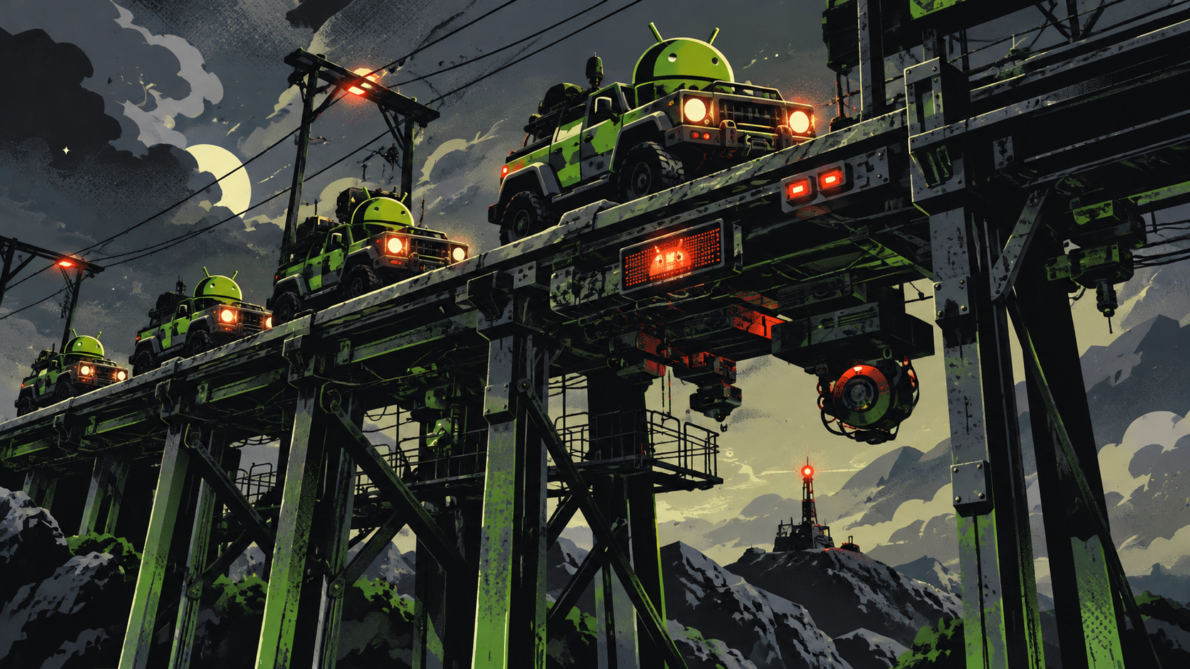 Android Convoy Beneath the Moonlit Overpass