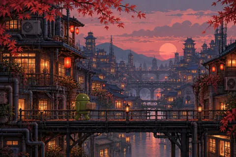 Android Courier Bridge — Dusk Pixel City Wallpaper #1314
