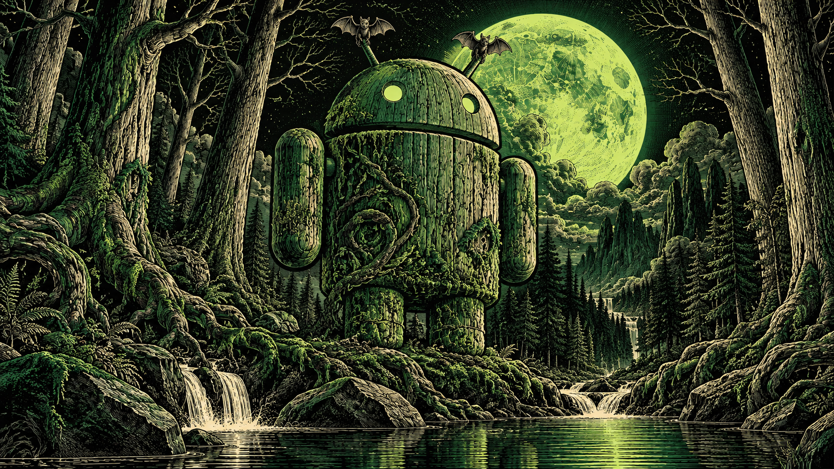 Android Engraved Forest Guardian — Emerald Bat Forest