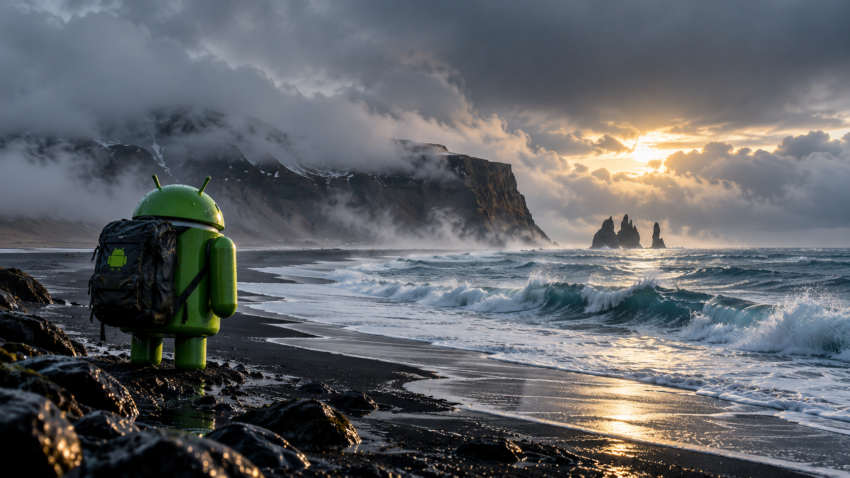 Android Explorer on a Stormy Black Beach
