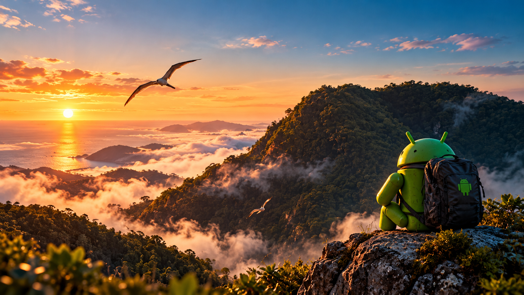 Android Explorer Overlooking Misty Mountains