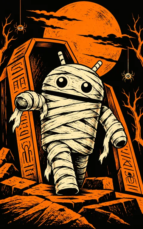 Android Linocut Mummy — Playful Halloween