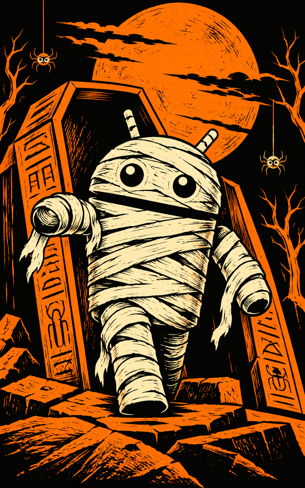 Android Linocut Mummy — Playful Halloween