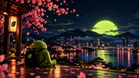 Android Mascot Beneath the Neon Moon Wallpaper #1110