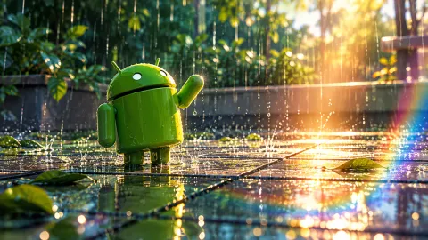 Android Mascot in Rainy Garden Glow Wallpaper #1525