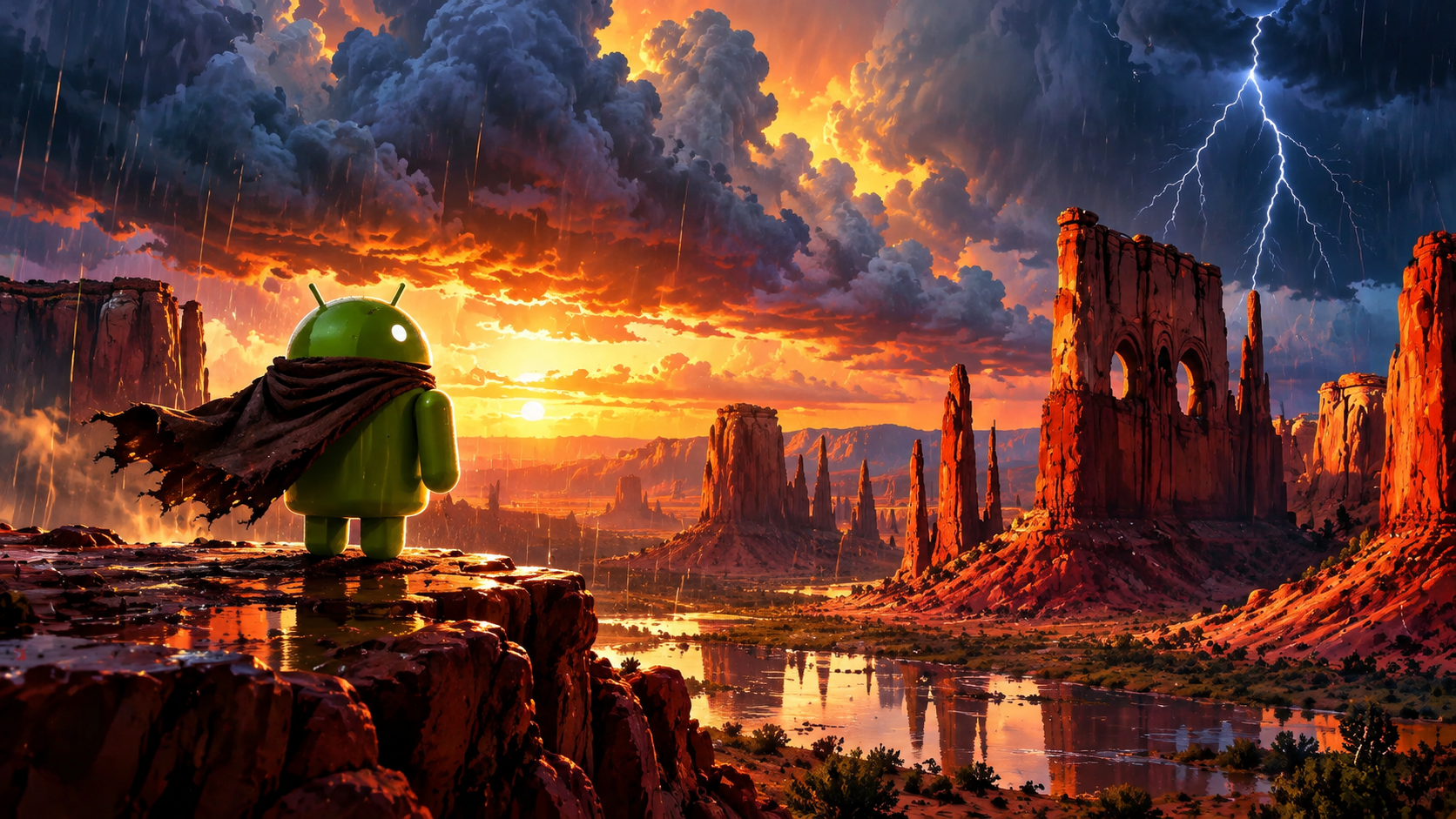 Android Mascot Over Stormy Monument Valley