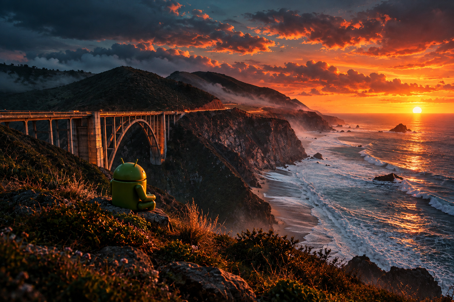 Android Mascot Over Sunset Coastline