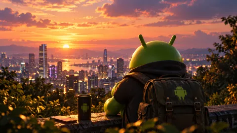 Android Mascot Overlooking Sunset Cityscape Wallpaper #1529