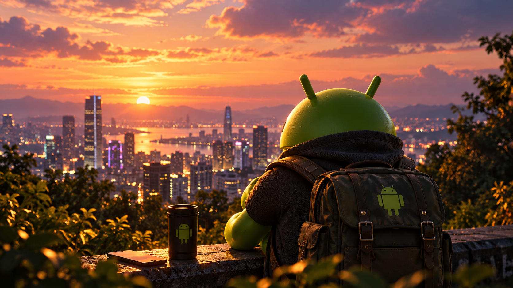Android Mascot Overlooking Sunset Cityscape