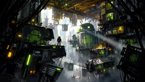 Android Mascot Surveys the Neon Industrial Abyss