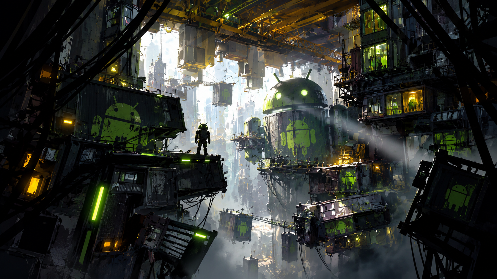 Android Mascot Surveys the Neon Industrial Abyss