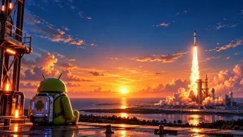 Android Mascot Watches Rocket Launch