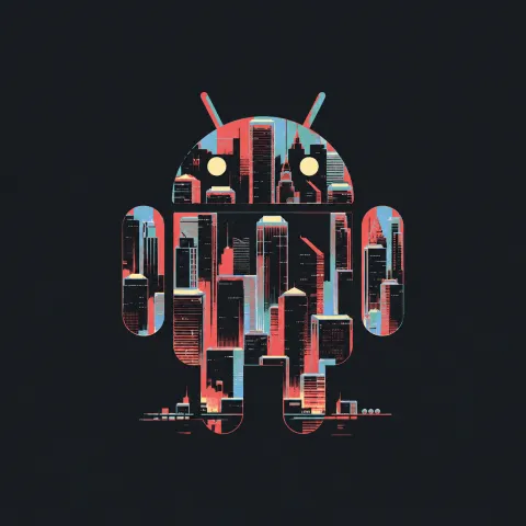Android Metropolis Silhouette — Coral Skyline