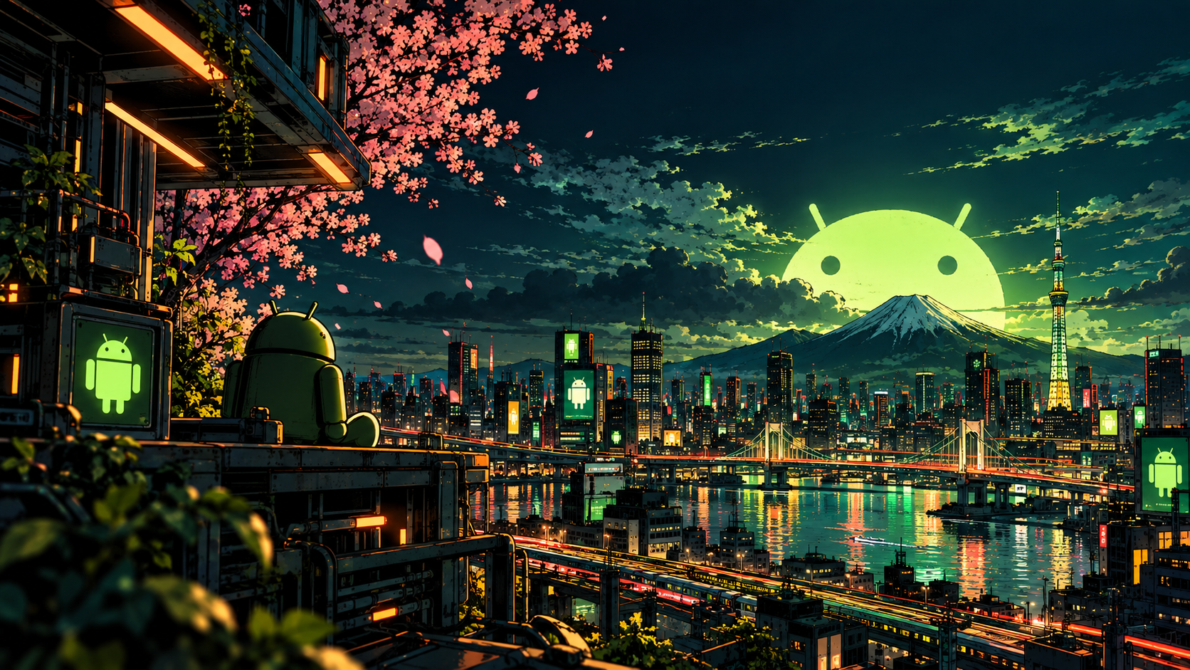Android Moon Over Neon Tokyo
