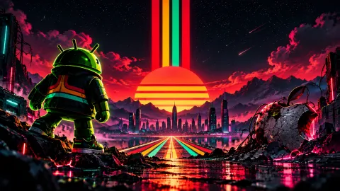 Android Overlooking the Neon Ruins