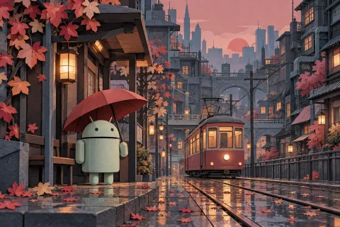 Android Paper Tram Stop — Dusk Pixel City