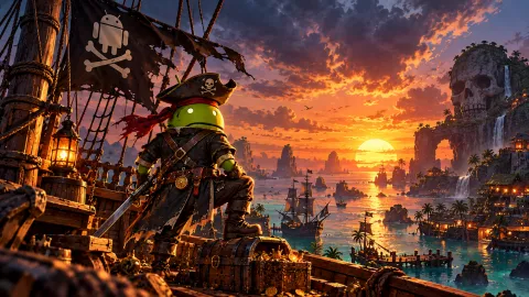 Android Pirate Captain at Sunset Harbor Wallpaper #1534