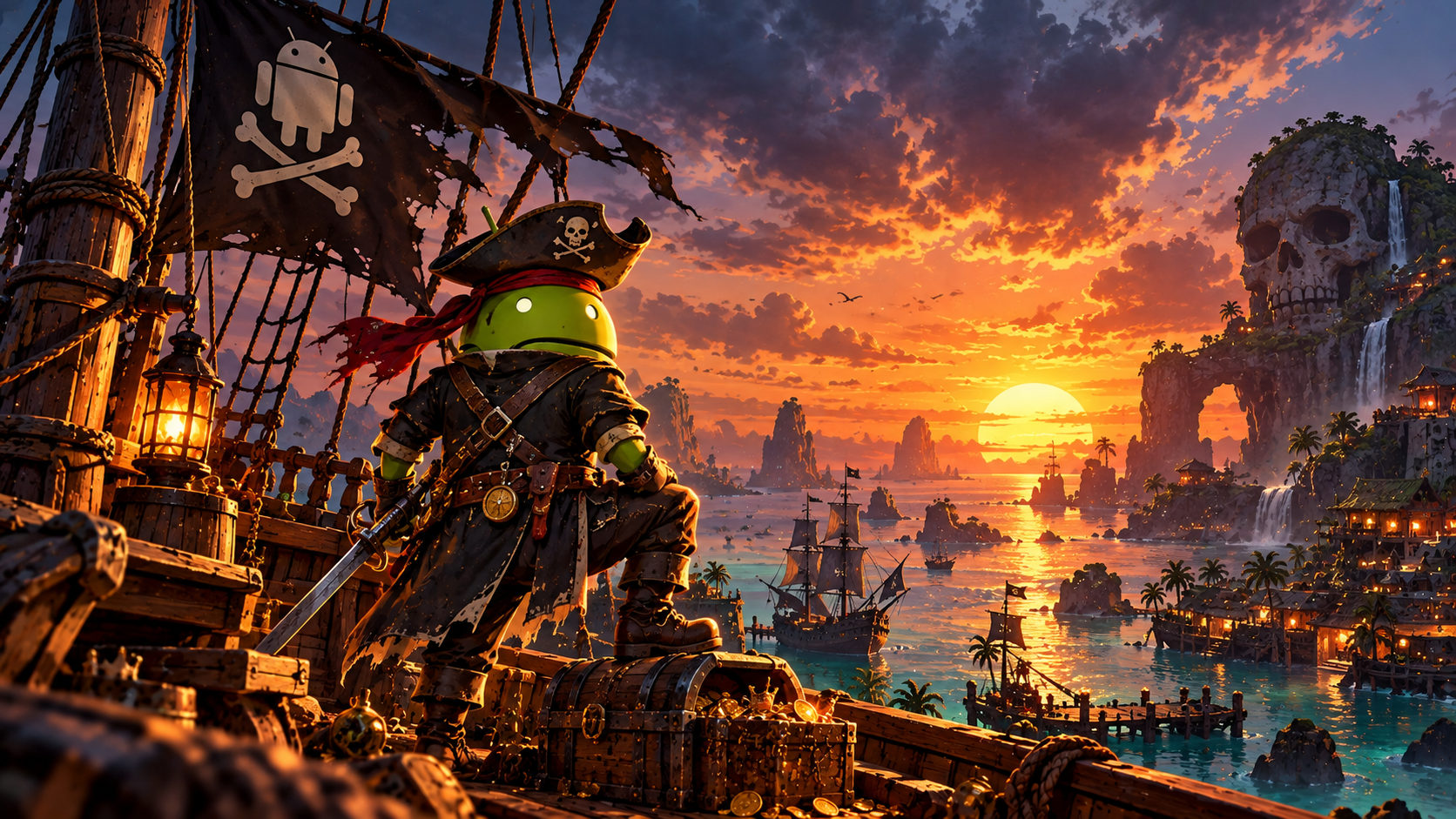 Android Pirate Captain at Sunset Harbor